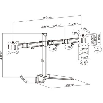 Diagramme d'un support triple écran avec dimensions : Largeur 760 mm, Hauteur 430 mm. Joystick d'inclinaison pour écrans : ±90°. Réglage en hauteur : 114 mm.