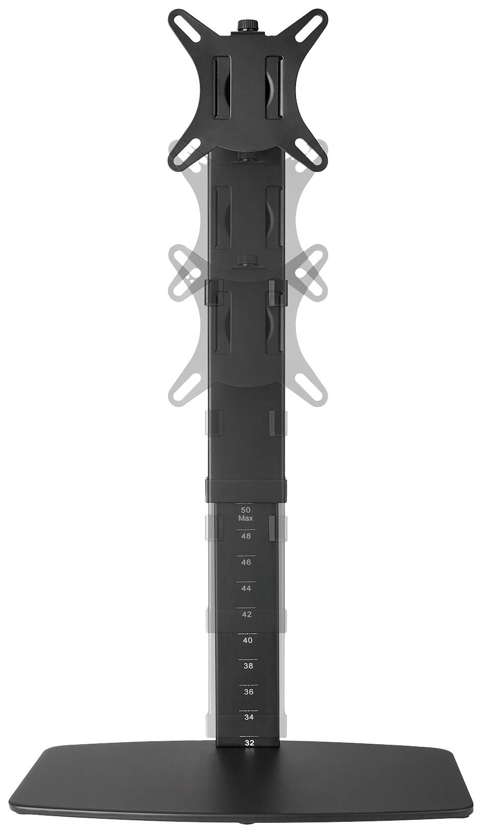 Pied de support noir pour moniteur avec hauteur réglable et deux supports pour placer deux écrans l'un au-dessus de l'autre. Socle stable sur surface plane.