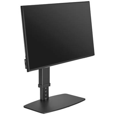 Écran plat noir sur support réglable en hauteur, ports USB latéraux visibles.