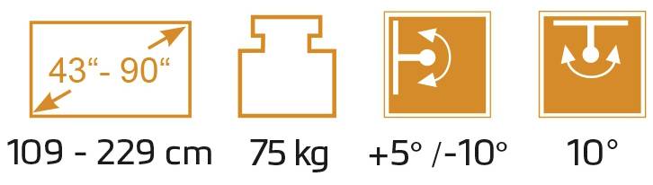 Présentation des spécifications techniques : Taille d'écran 43"-90" (109-229 cm), charge maximale 75 kg, angle d'inclinaison +5°/-10°, angle de rotation 10°.
