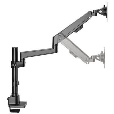 Un bras de support métallique ergonomique et réglable pour moniteur, fixé à une table et capable de maintenir un écran sous différents angles.