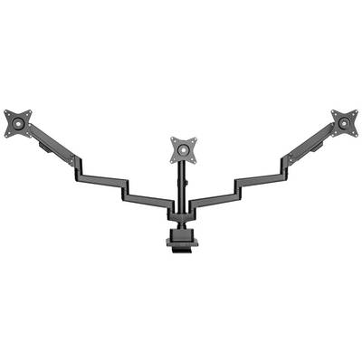 Support de moniteur avec trois bras ajustables pour écrans, fixé de manière centrale. Chaque bras est équipé d'un adaptateur VESA pour la fixation des écrans.
