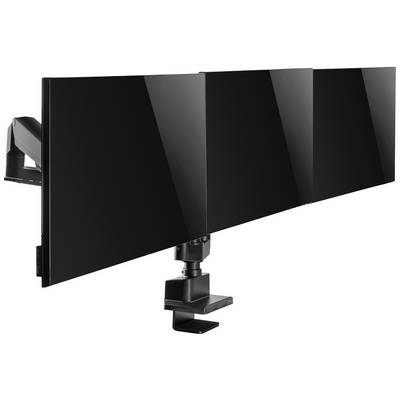 Un bras triple pour moniteur noir, fixé sur le bord d'un bureau, maintient trois écrans côte à côte dans une orientation horizontale.