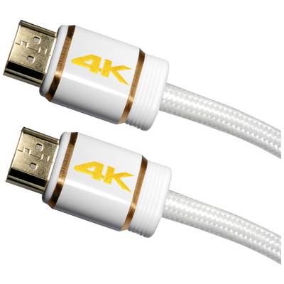 Deux câbles HDMI blancs avec des connecteurs dorés et une inscription '4K' en jaune, adaptés pour la transmission audio et vidéo haute résolution.