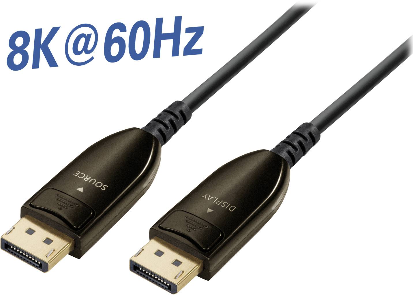 Câble DisplayPort avec fiches marquées 'SOURCE' et 'DISPLAY', adapté pour une résolution 8K à 60 Hz.