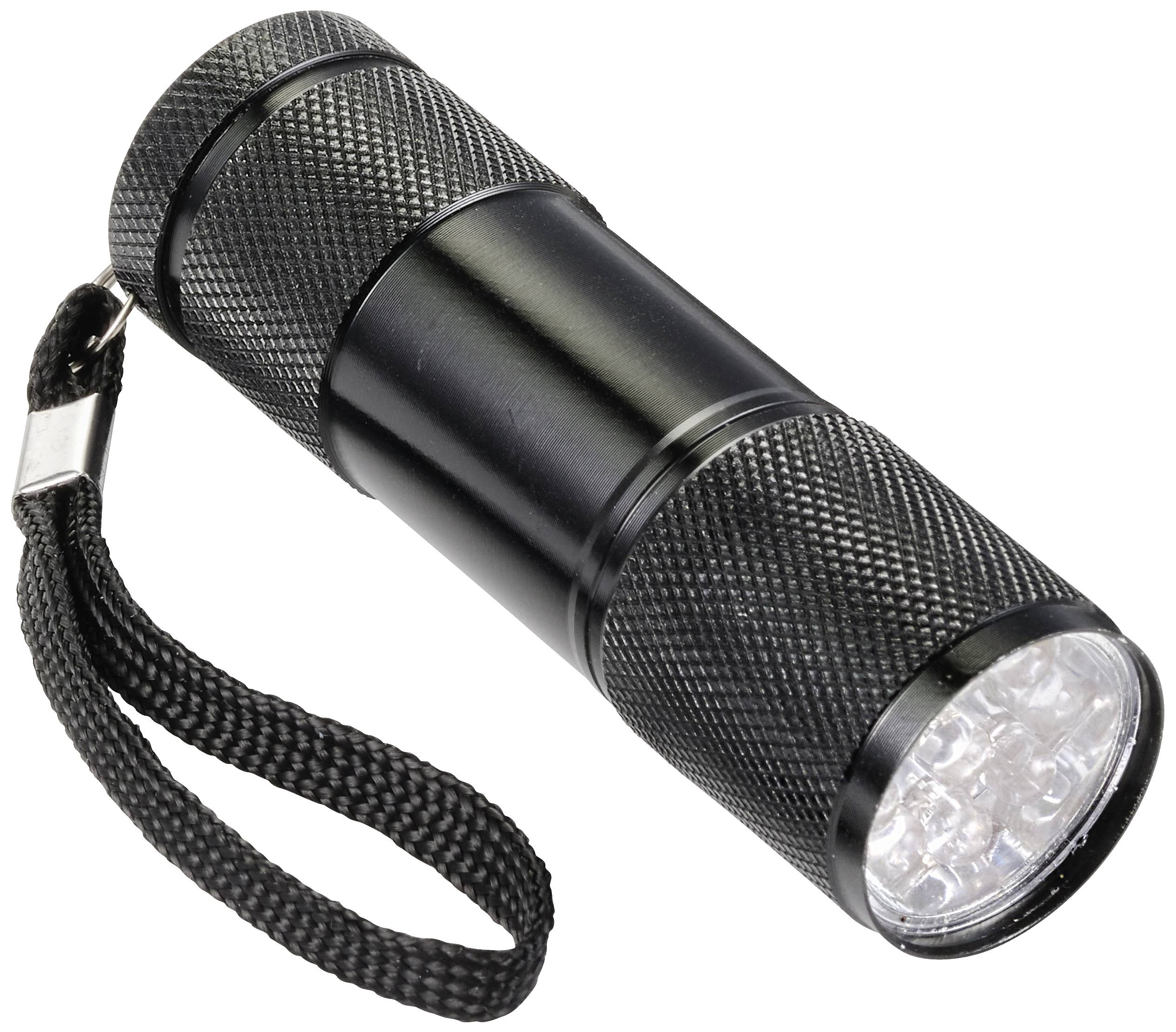 Lampe de poche noire avec dragonne, boîtier métallique.