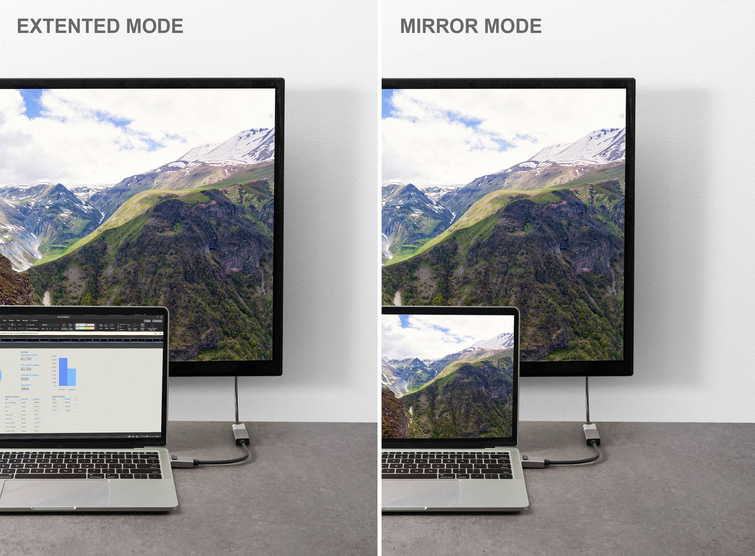 Deux écrans montrent un ordinateur portable dans différents modes : le 'Mode étendu' à gauche avec du contenu d'affichage supplémentaire et le 'Mode miroir' à droite avec des contenus identiques.