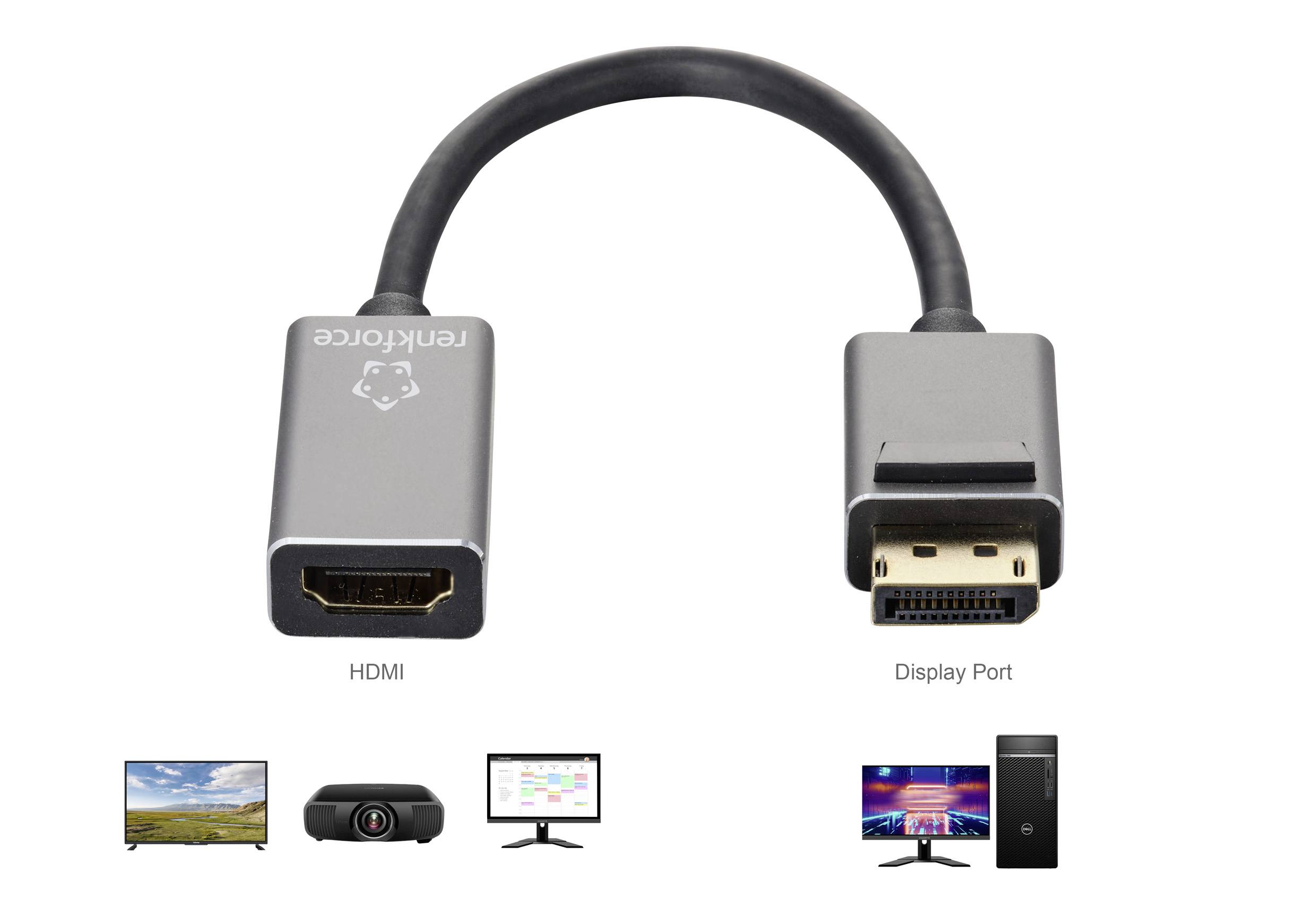 'Un adaptateur HDMI vers DisplayPort avec un câble noir. En bas, des illustrations de moniteurs et d'un PC montrant l'utilisation de l'adaptateur.'