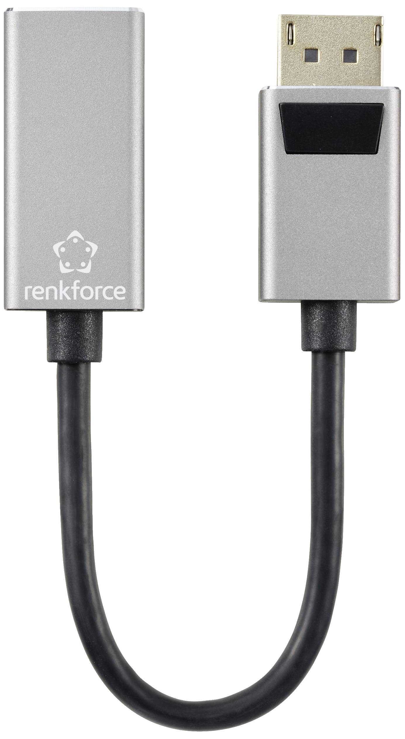 Un court câble adaptateur noir avec des connecteurs argentés, l'un d'entre eux portant l'impression du logo de la marque 'Renkforce'.