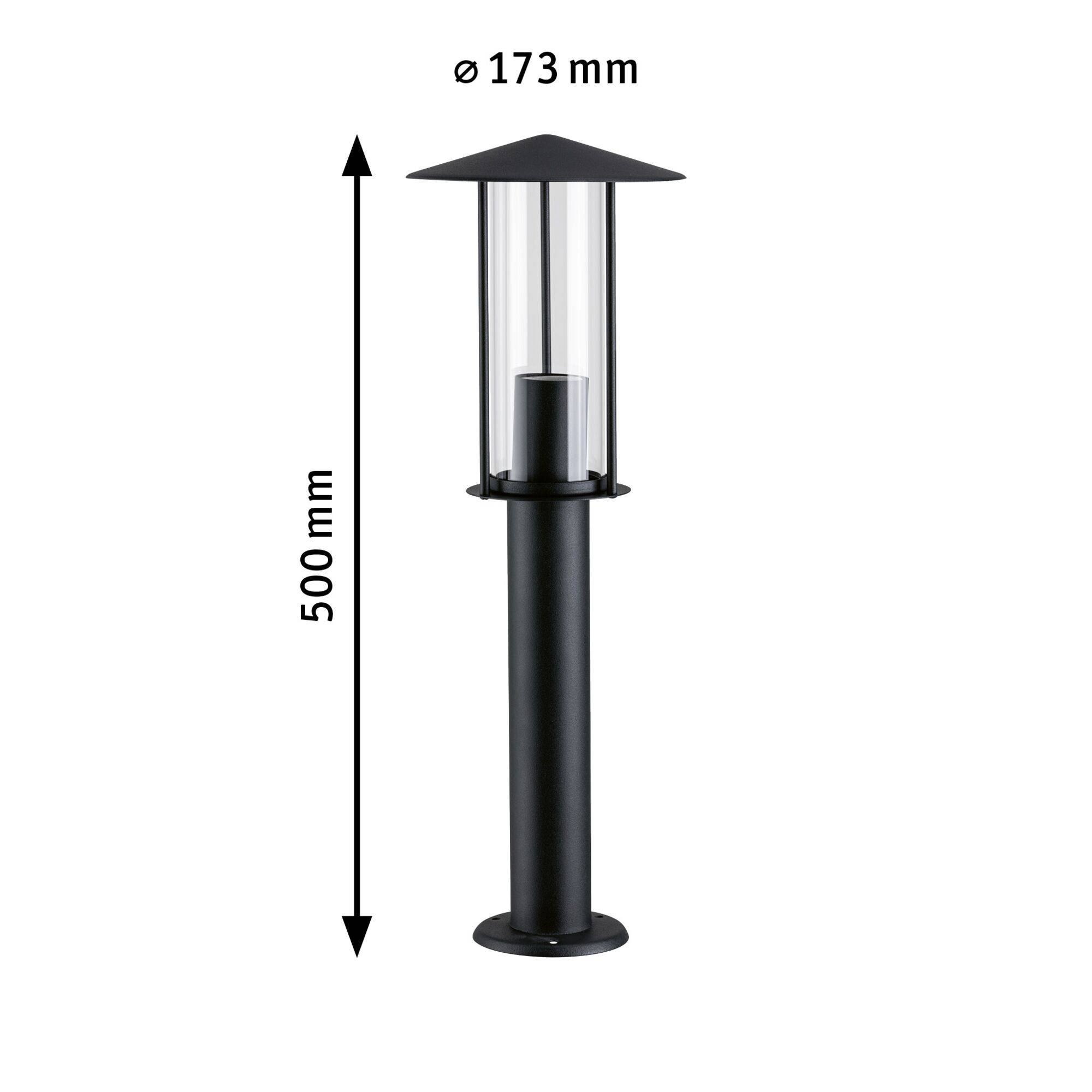 Lampadaire extérieur noir avec poteau en métal, hauteur 500 mm, diamètre 173 mm, couverture transparente, forme cylindrique.