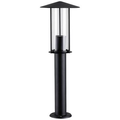 Luminaire extérieur moderne noir avec cylindre en verre transparent et toit conique, adapté à l'éclairage de jardin ou de chemin.