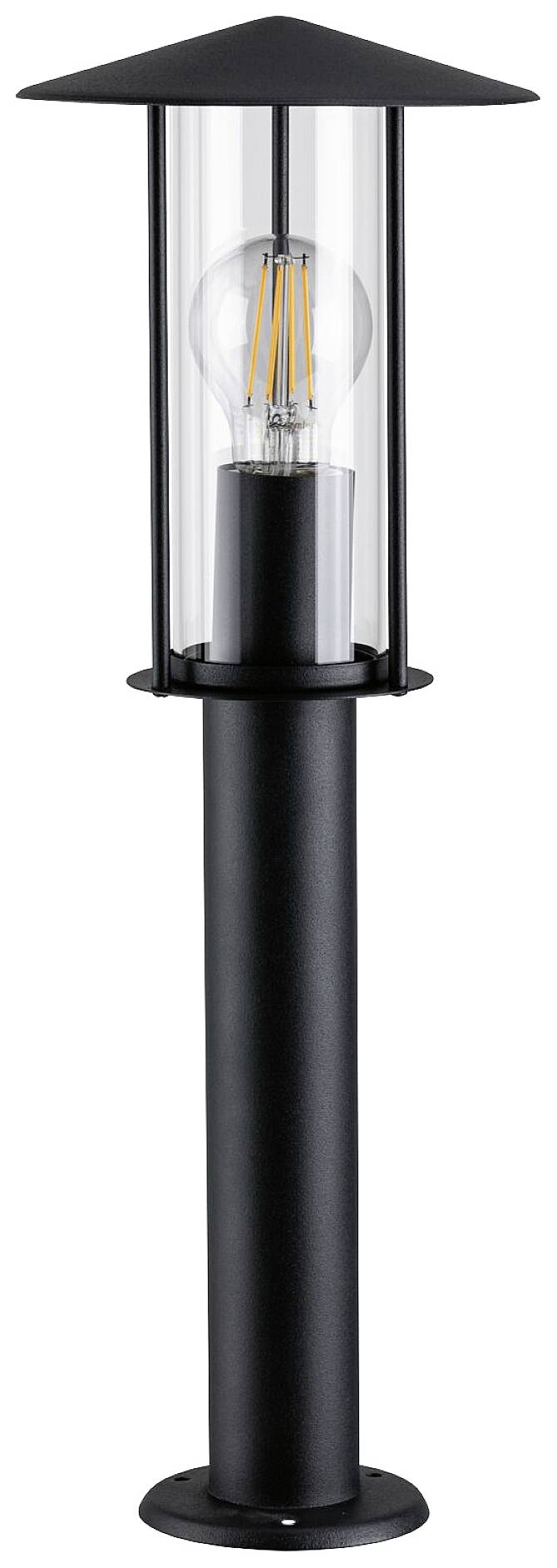 Une lampadaire élégant en noir avec un boîtier en verre transparent et un éclairage visible. Idéal pour l'extérieur.