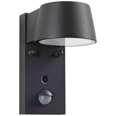 Applique murale noire avec abat-jour rond, équipée d'un détecteur de mouvement sur base rectangulaire. Idéale pour l'éclairage extérieur.