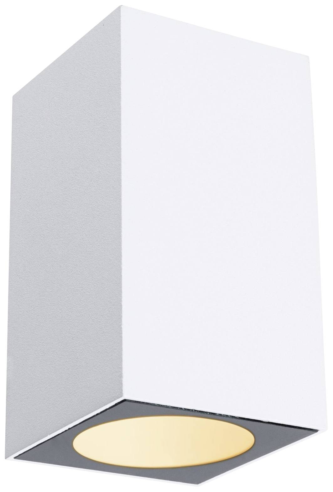 Applique murale blanche au boîtier rectangulaire, avec éclairage LED en partie inférieure ; design moderne et minimaliste pour intérieurs.