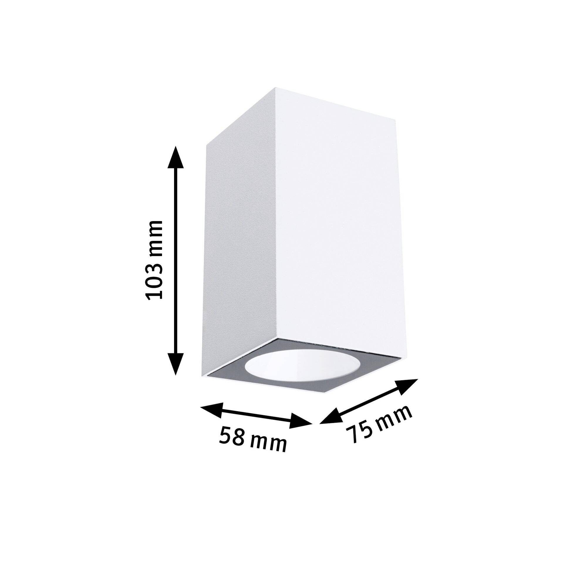 Luminaire de plafond rectangulaire blanc avec les dimensions suivantes : hauteur 103 mm, largeur 58 mm, longueur 75 mm.