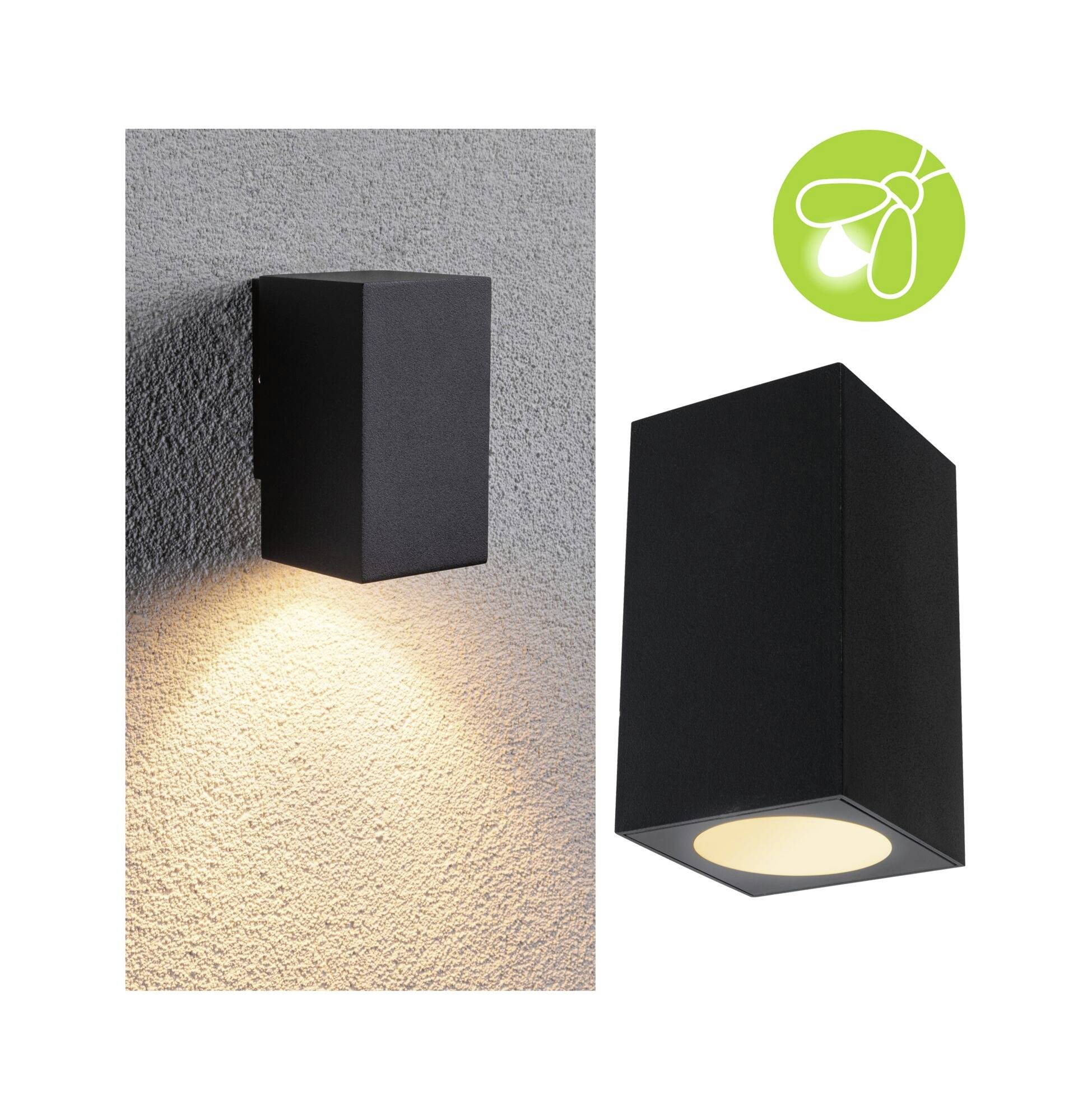 Lampe extérieure noire fixée au mur, éclairant vers le bas. À côté, la même lampe est représentée, accompagnée d'un symbole vert en forme de luciole.