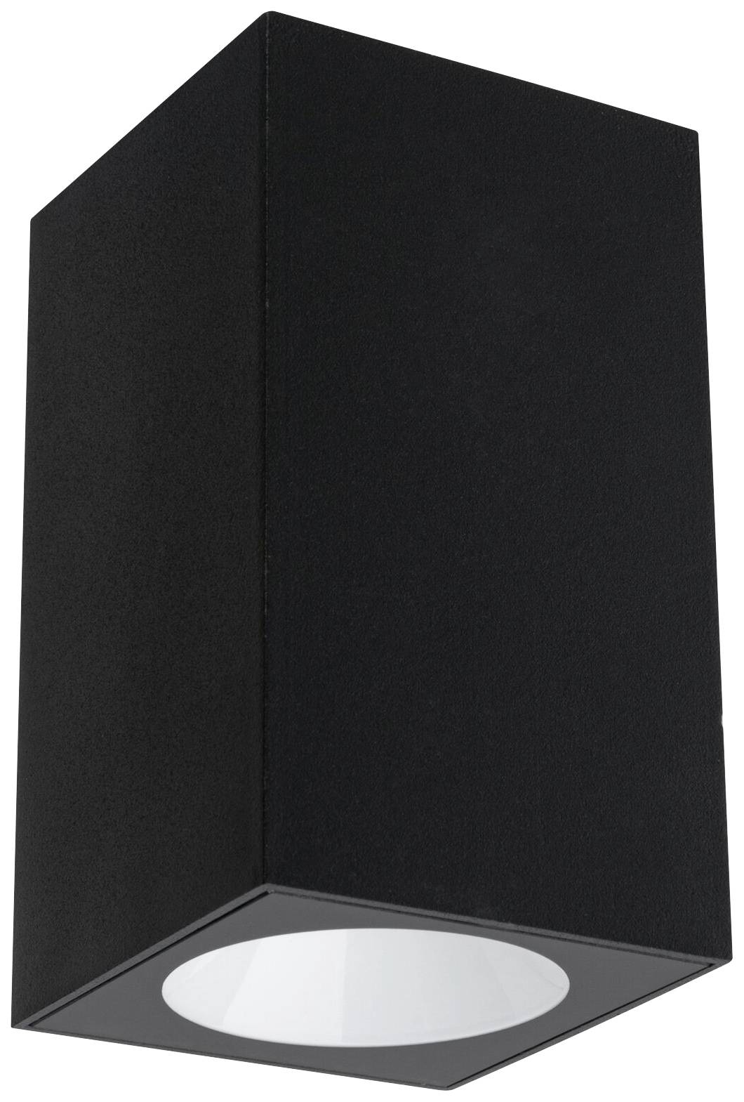 Plafonnier noir rectangulaire avec un abat-jour intérieur blanc ouvert. Adapté aux espaces intérieurs modernes.