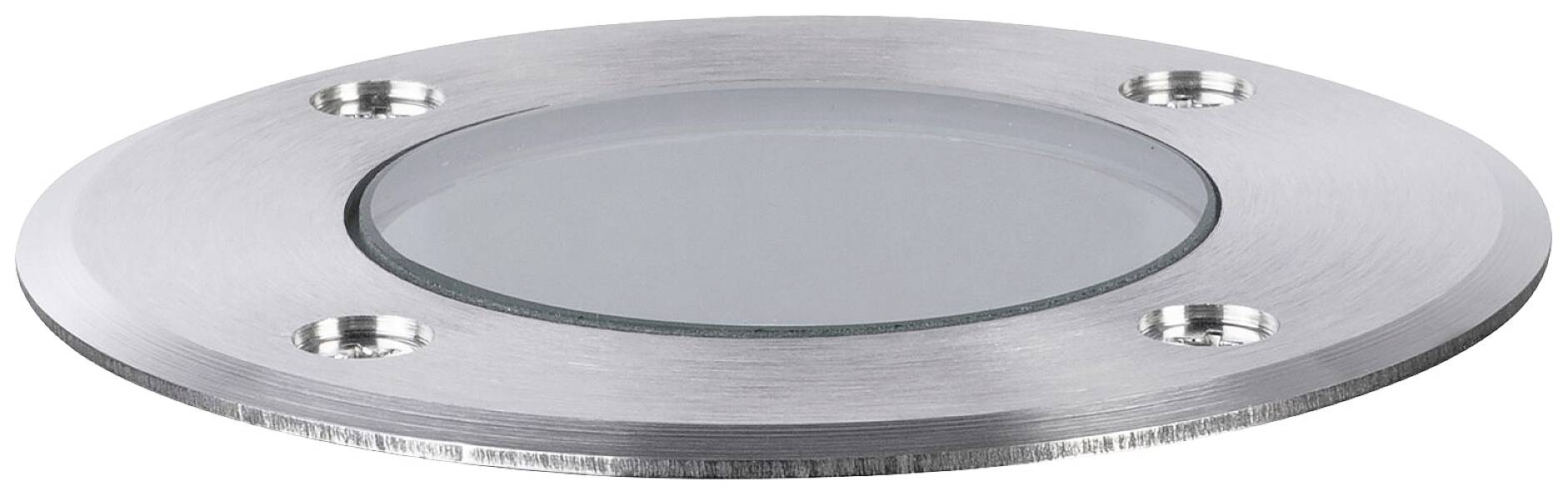 Luminaire de sol rond en acier inoxydable avec couvercle en verre et quatre trous de fixation. Conçu pour une utilisation dans les sols ou les espaces extérieurs.