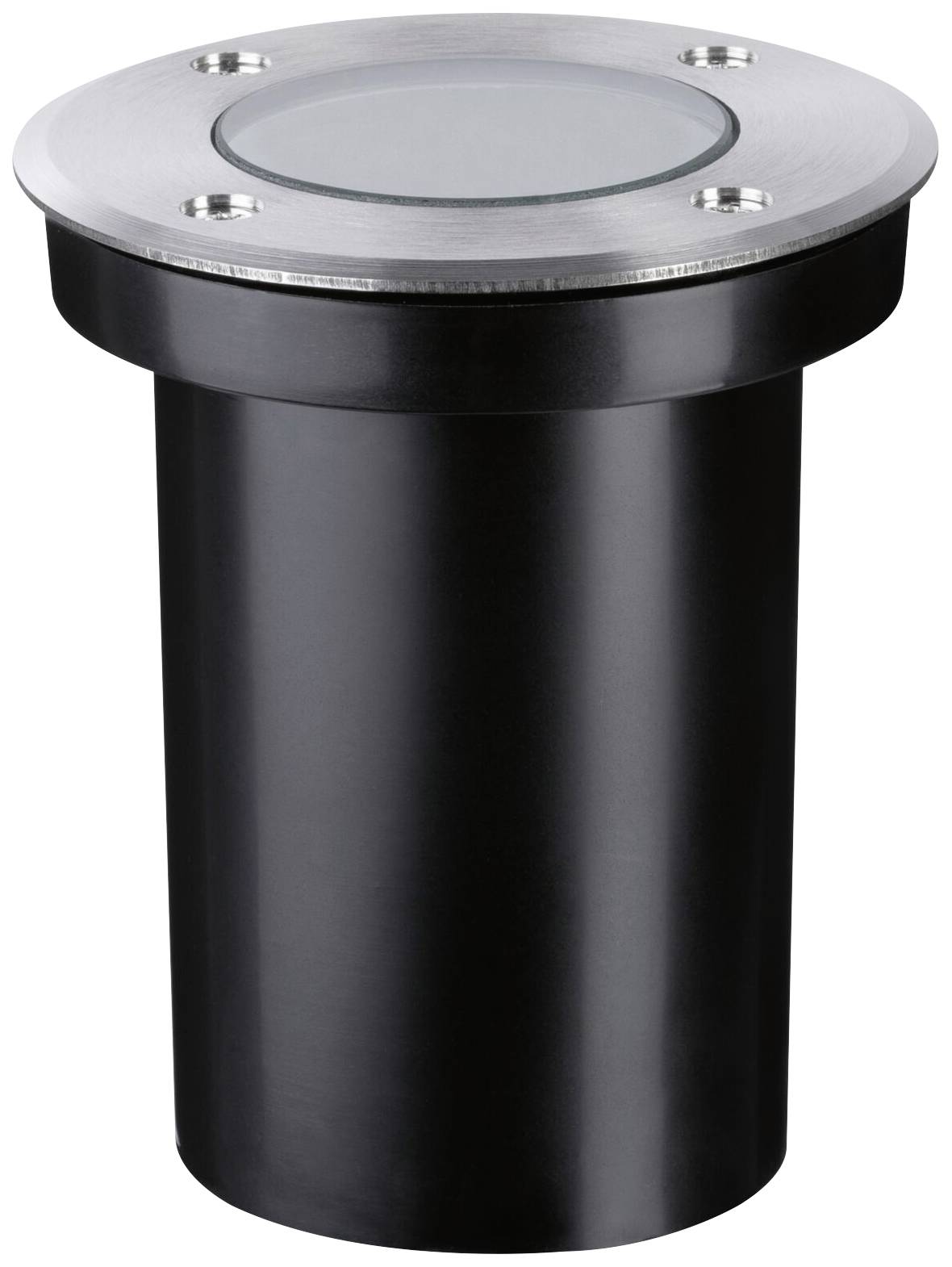 Lampadaire d'extérieur en métal et verre, de forme cylindrique, conçu avec un design moderne et résistant aux intempéries.