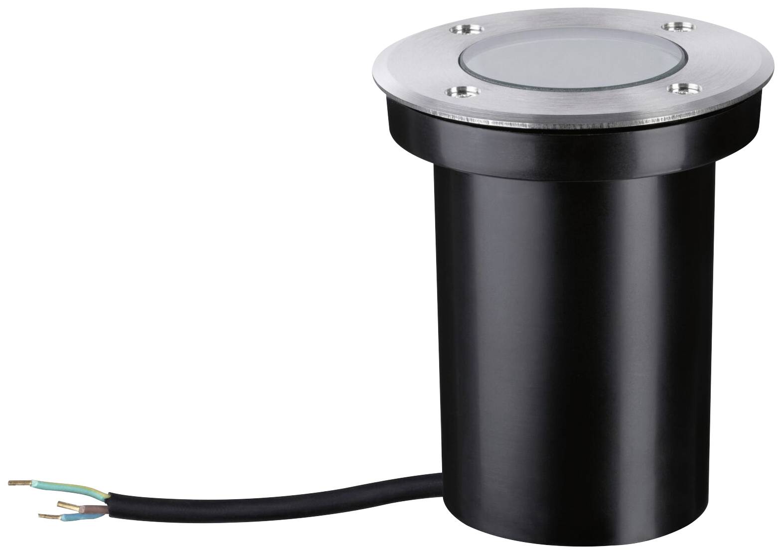 Un luminaire de sol noir, cylindrique, avec un cadre en acier inoxydable rond et un câble apparent, adapté à l'éclairage extérieur.