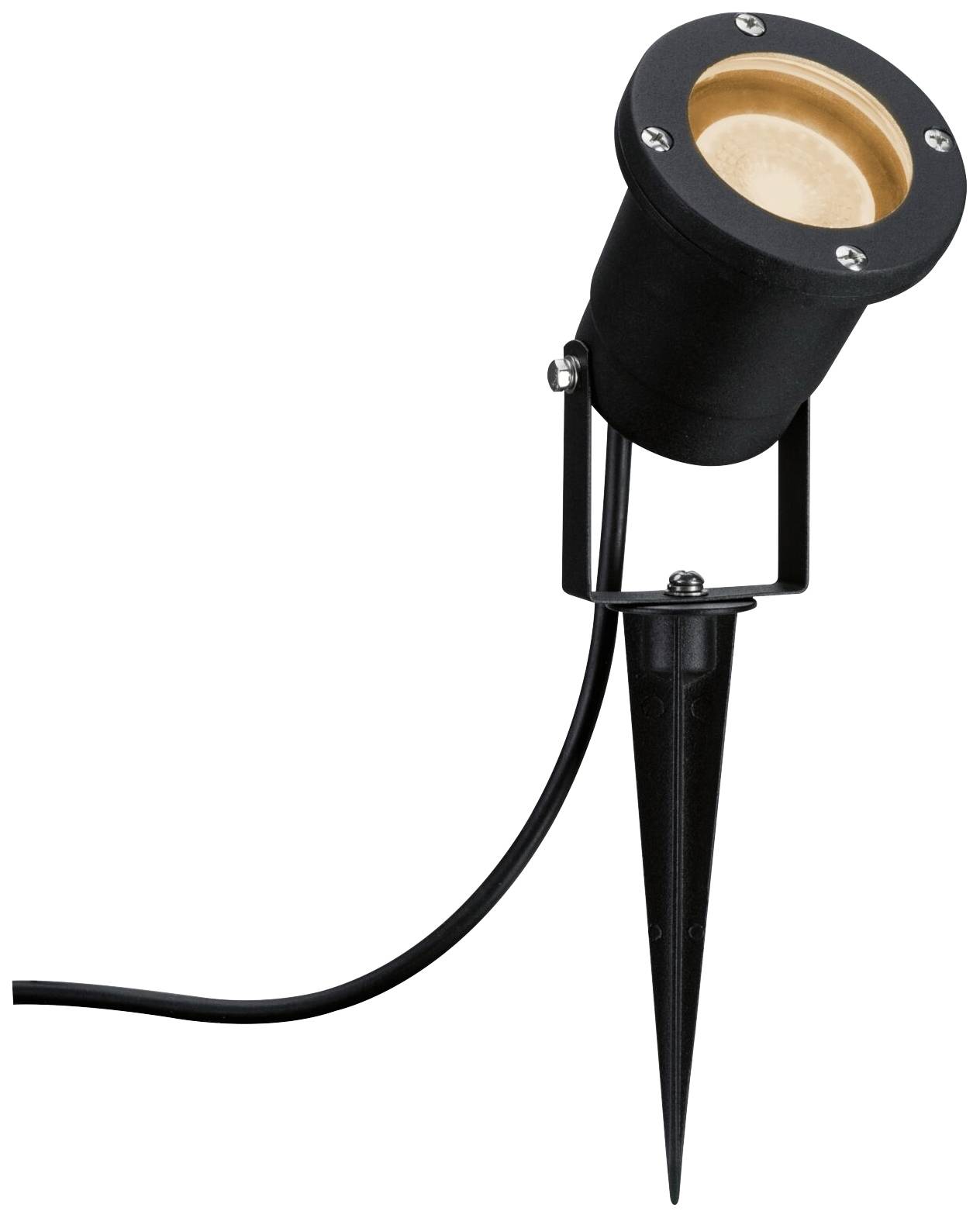 Lampe de jardin noire avec piquet de terre et câble, conçue pour l'éclairage des surfaces extérieures, légèrement inclinée sur le côté.
