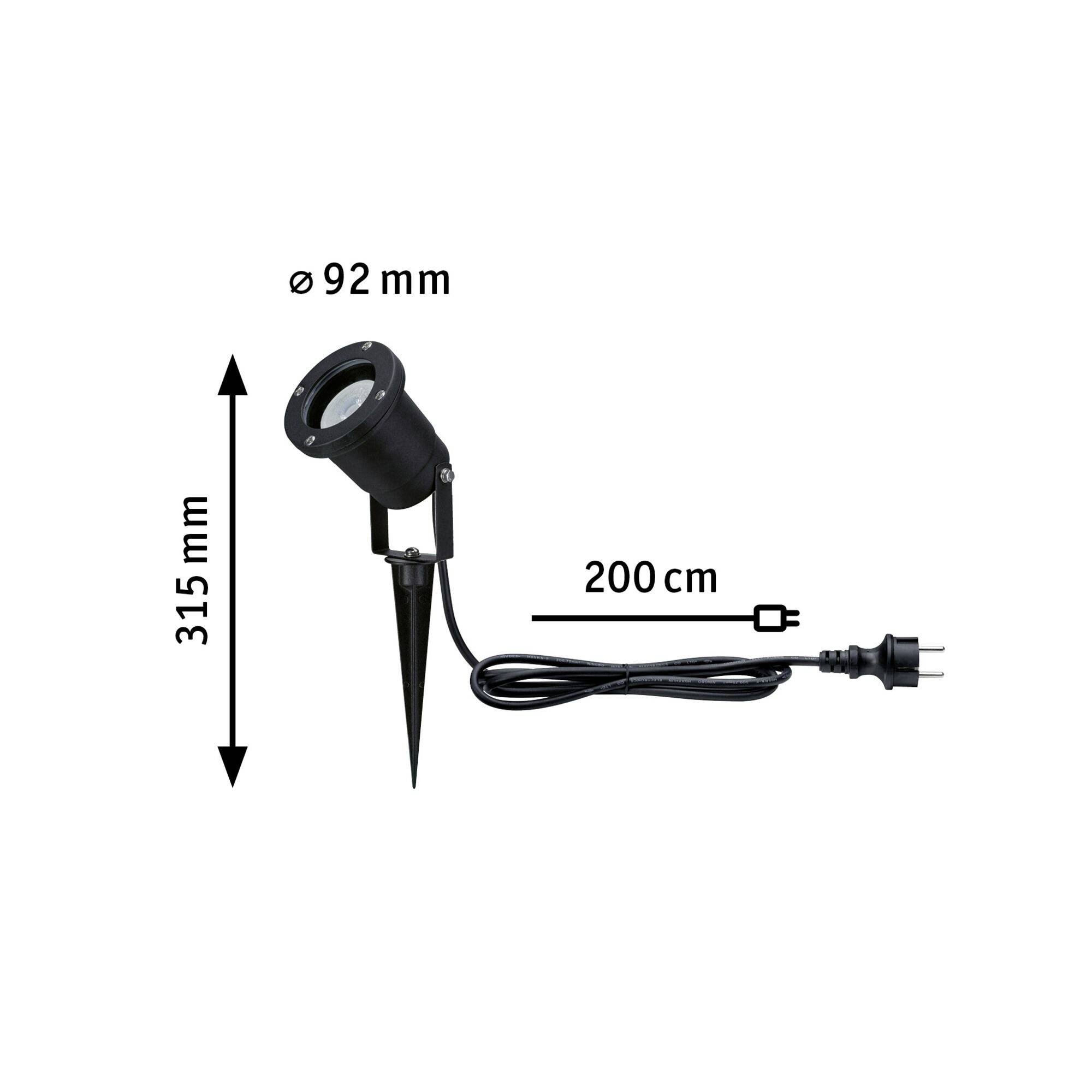 Projecteur extérieur noir avec piquet de terre, hauteur 315 mm, diamètre 92 mm, câble de 200 cm avec fiche.