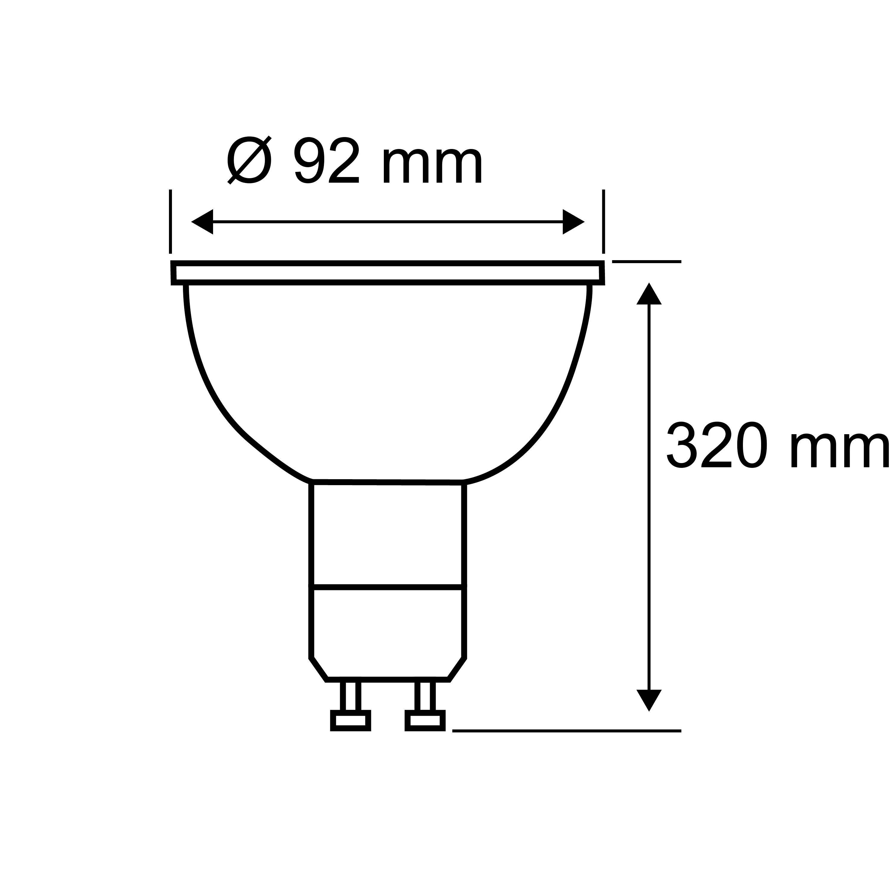 'Dessin technique d'une ampoule avec un diamètre de 92 mm et une hauteur de 320 mm.'