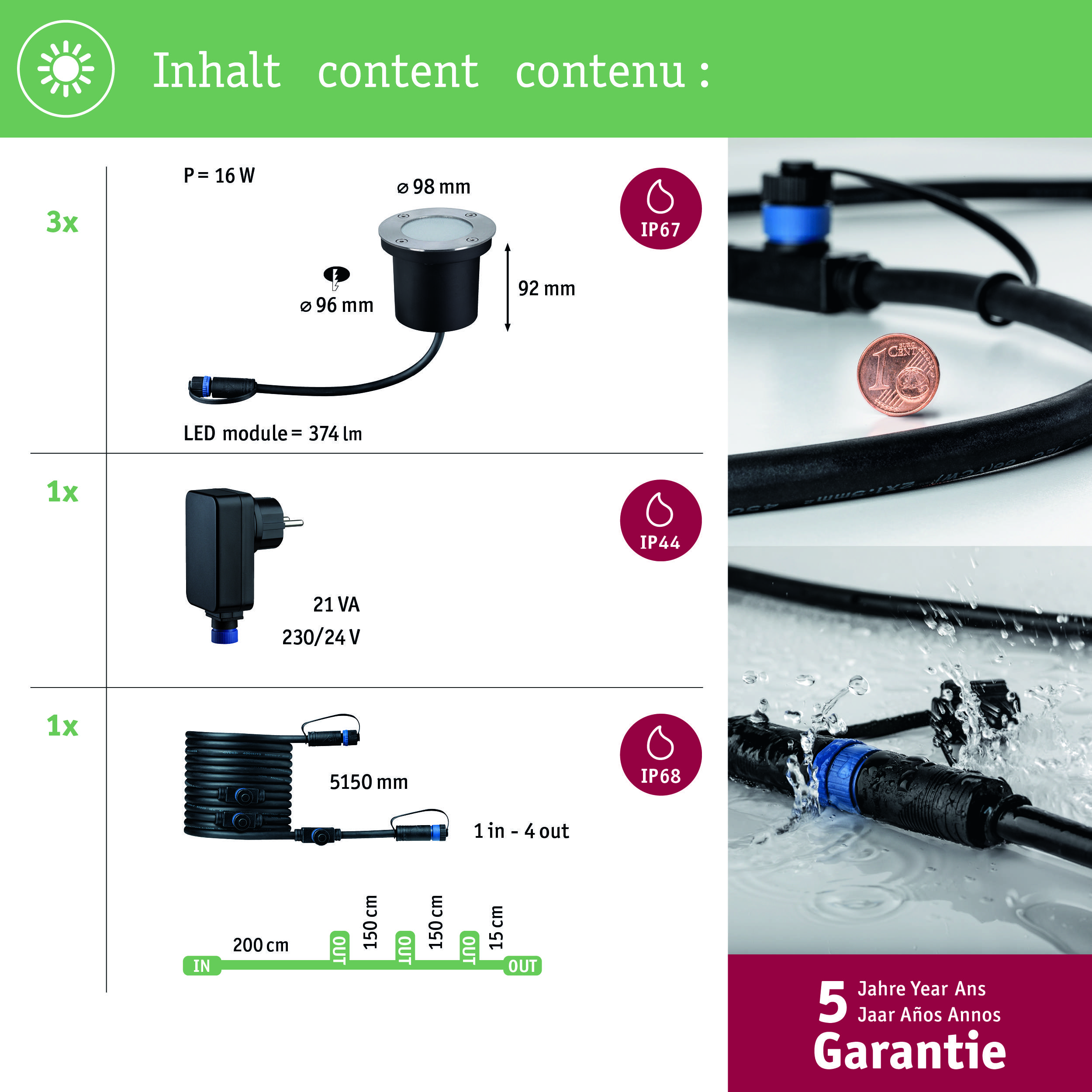 Kit d'éclairage LED comprenant 3 projecteurs, 1 module LED et 1 câble de 5150 mm. Classe de protection IP67, IP44, IP68. Garantie de 5 ans.