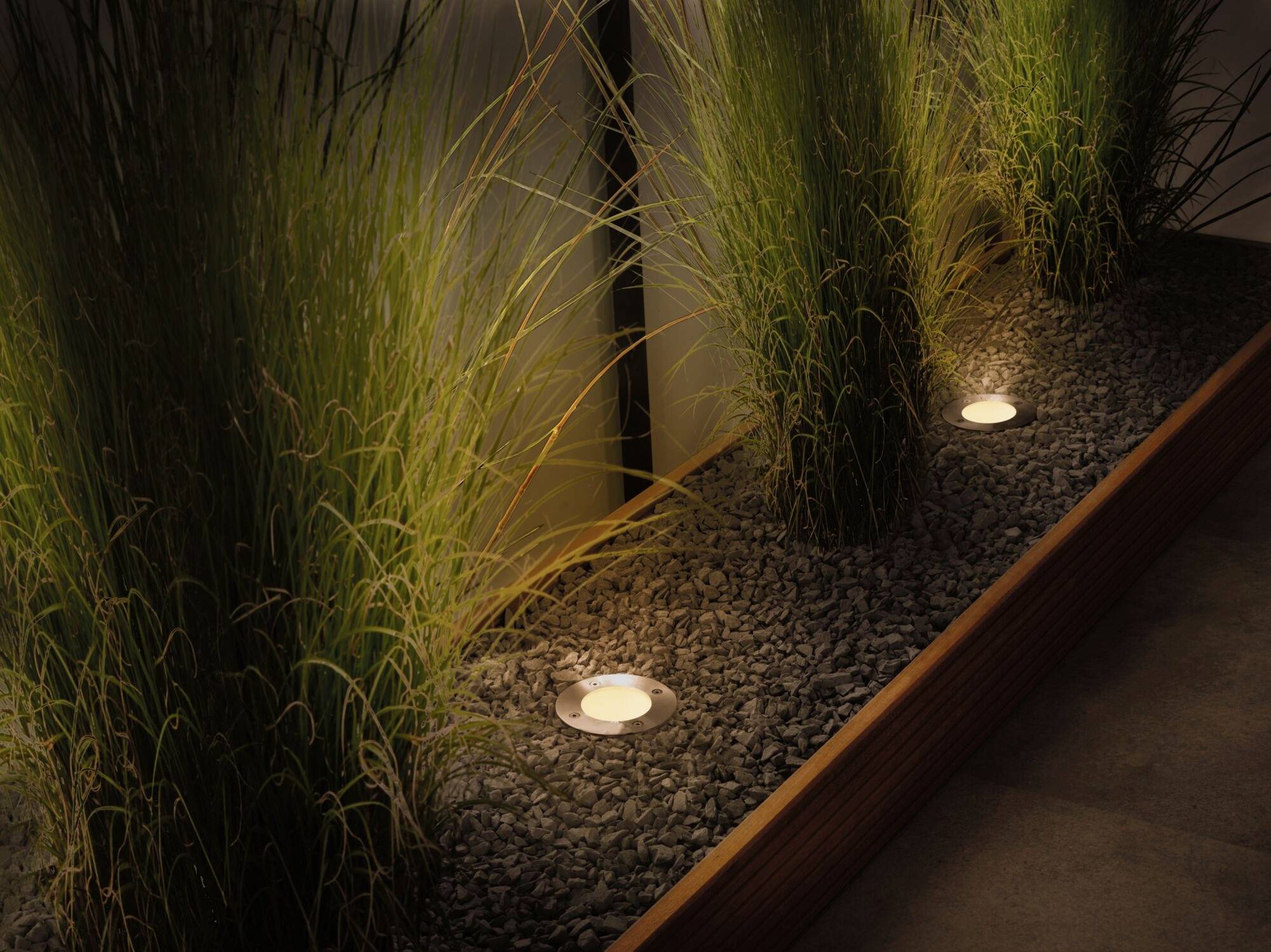 Des herbes illuminées dans un jardin, entourées de gravier, créent une atmosphère intimiste et apaisante.