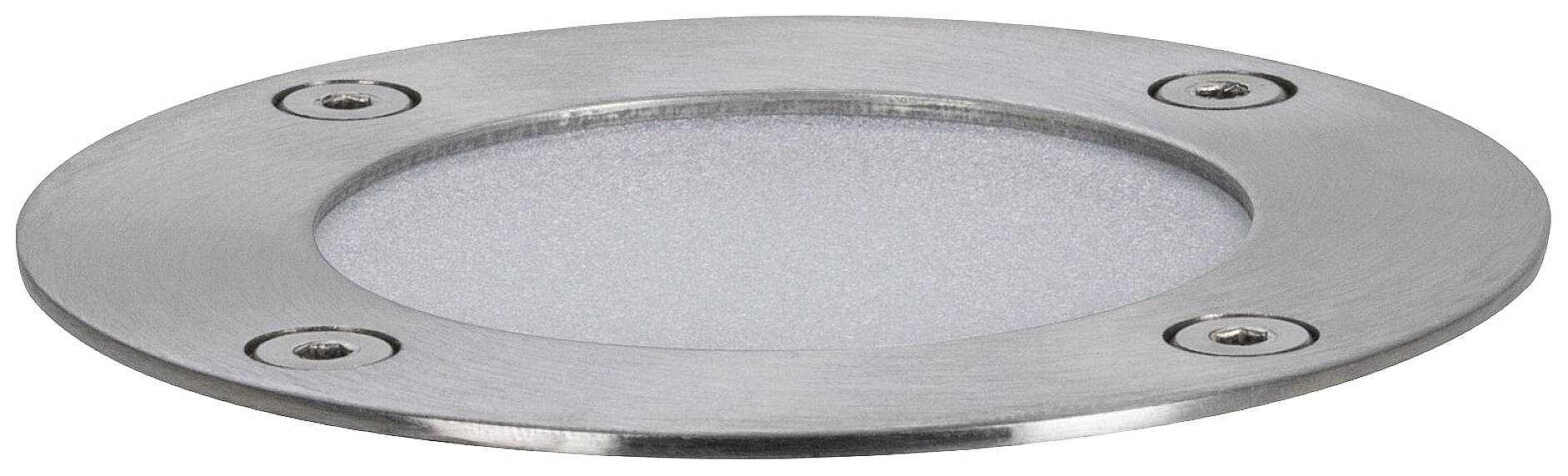 Un luminaire de sol circulaire en argent, muni de quatre vis visibles aux coins. Il est encastré dans une surface lisse.