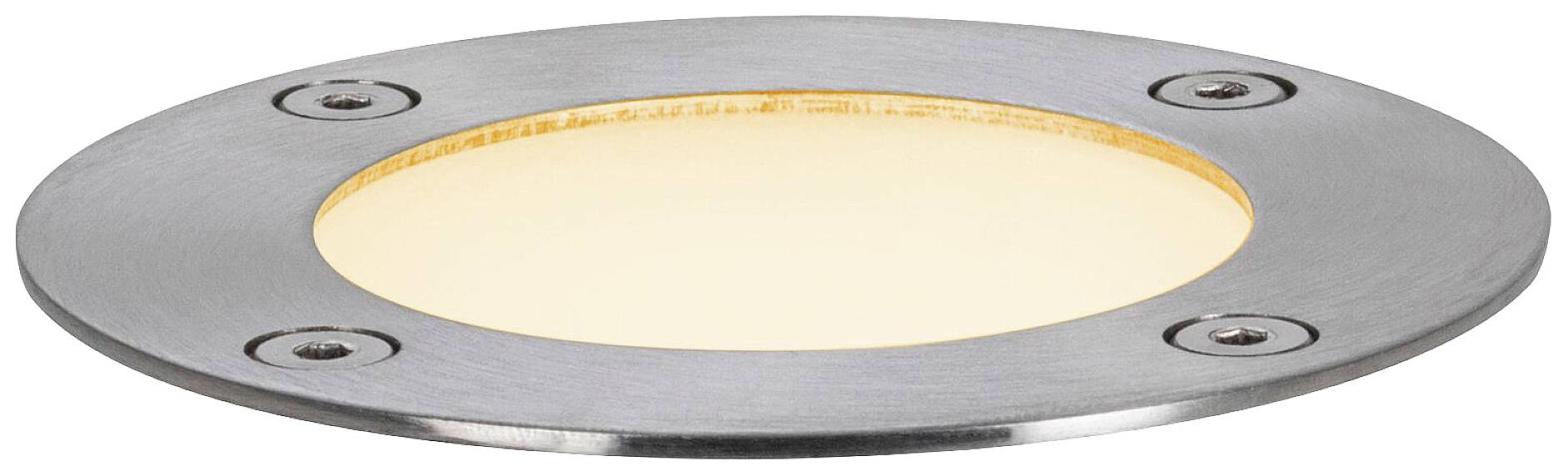 Luminaire de sol LED rond, plat et argenté, fixé par quatre vis, émettant une lumière blanc chaud. Adapté aux espaces extérieurs.