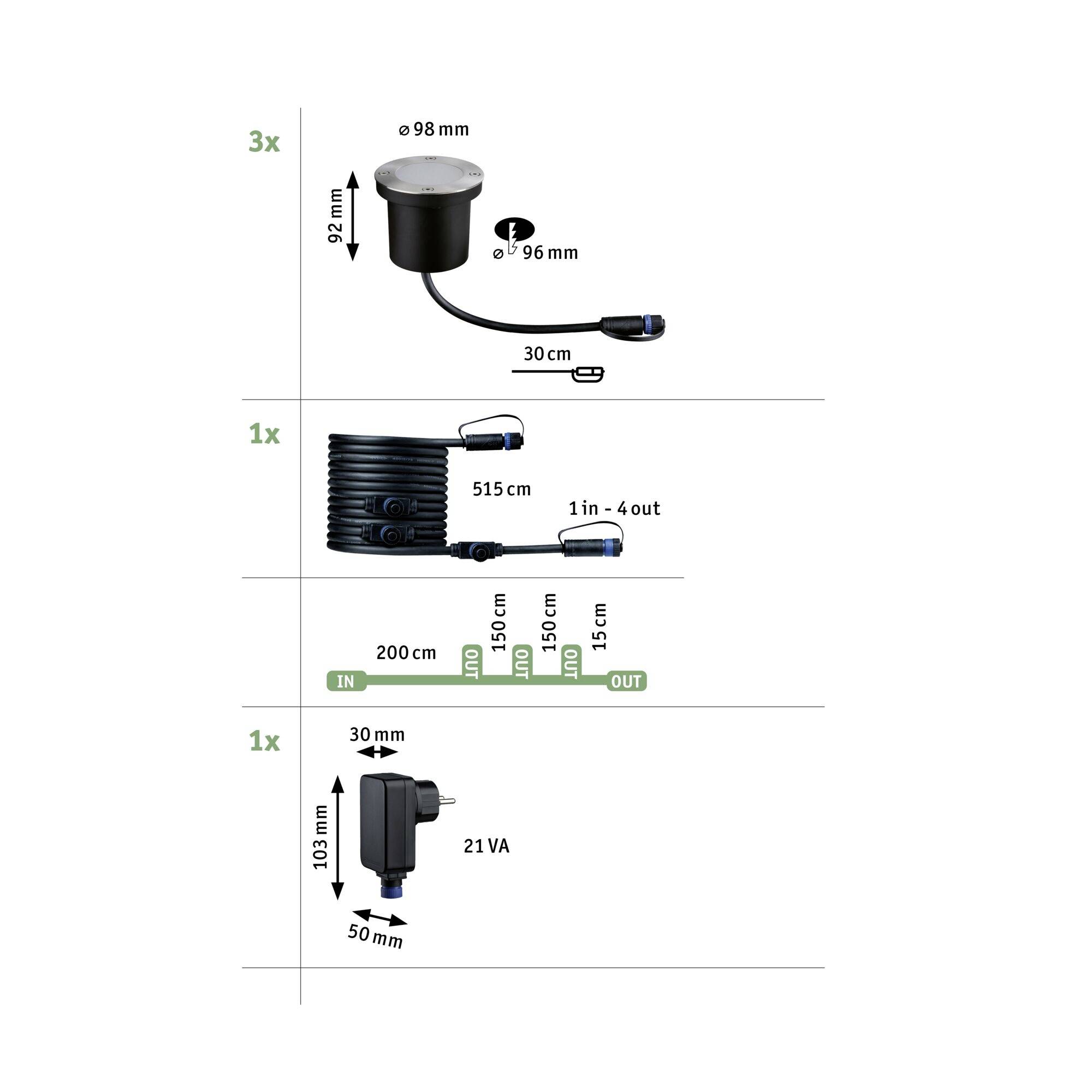 'Illustration d'un système d'éclairage de jardin : Trois luminaires (ø 98 mm), un répartiteur avec 1 entrée/4 sorties, un transformateur (21 VA).'
