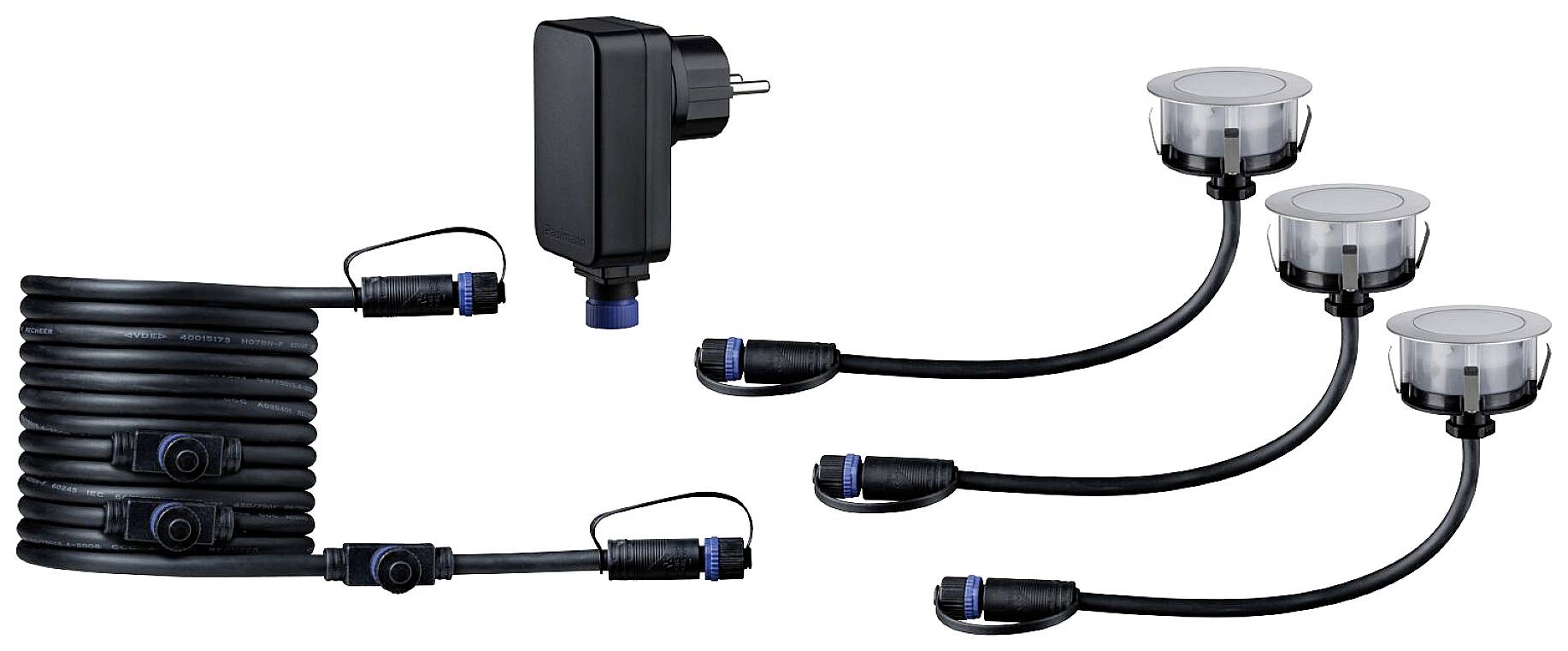 Un ensemble d'éclairage composé de trois lampes LED rondes, de câbles de connexion et d'un bloc d'alimentation, adapté pour une utilisation en extérieur.