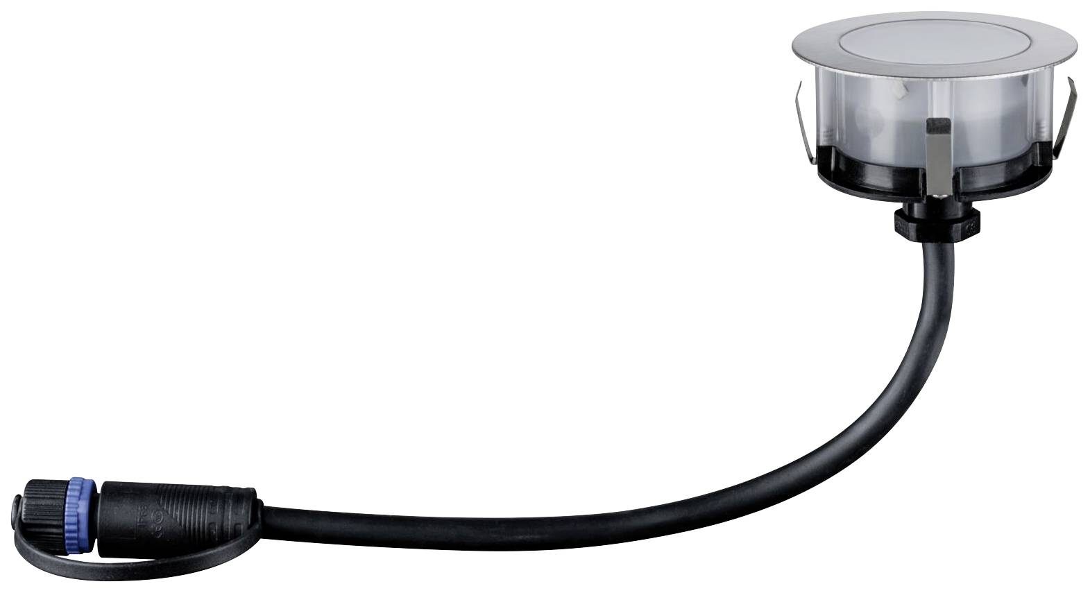 Éclairage intérieur avec boîtier rond en acier inoxydable et câble de connexion noir. Convient pour l'installation dans les sols ou les plafonds.