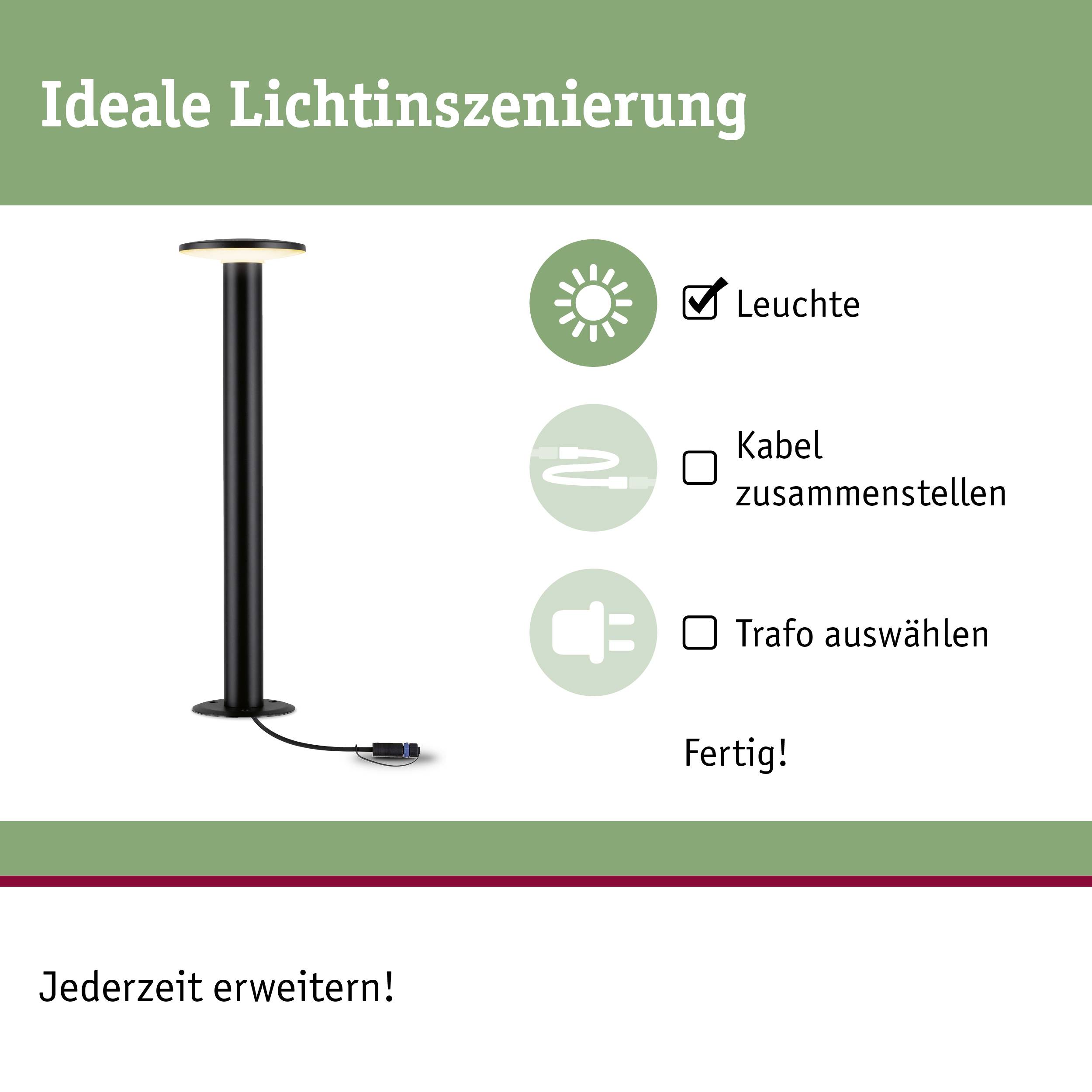 « Mise en scène lumineuse idéale » en haut. L'image montre un lampadaire avec câble et fiche. Le texte décrit les étapes d'installation : assembler le câble, choisir le transformateur, terminé.