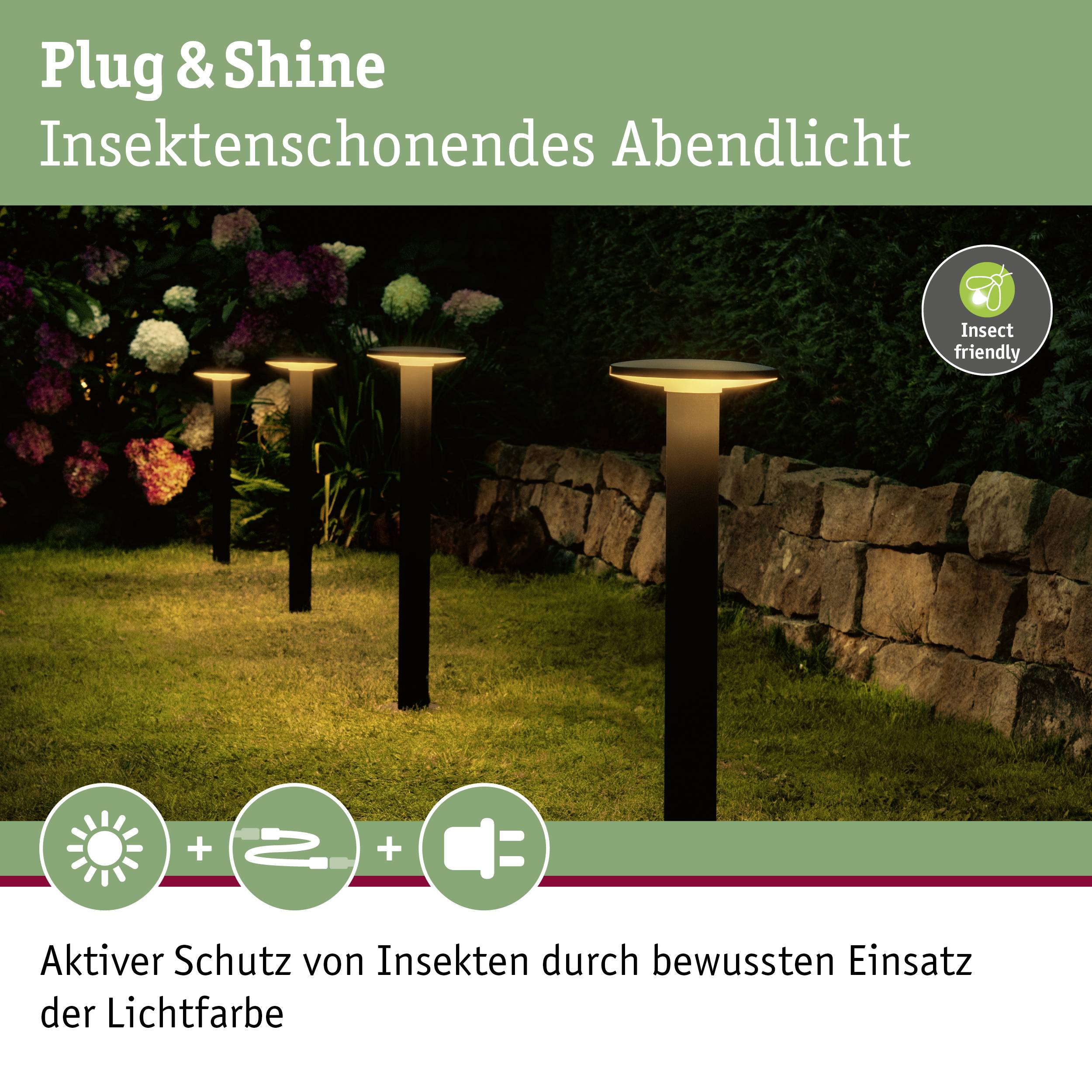 Éclairage de jardin respectueux des insectes la nuit, cinq lampes lumineuses à lumière chaude ; espaces verts et mur de pierre en arrière-plan.