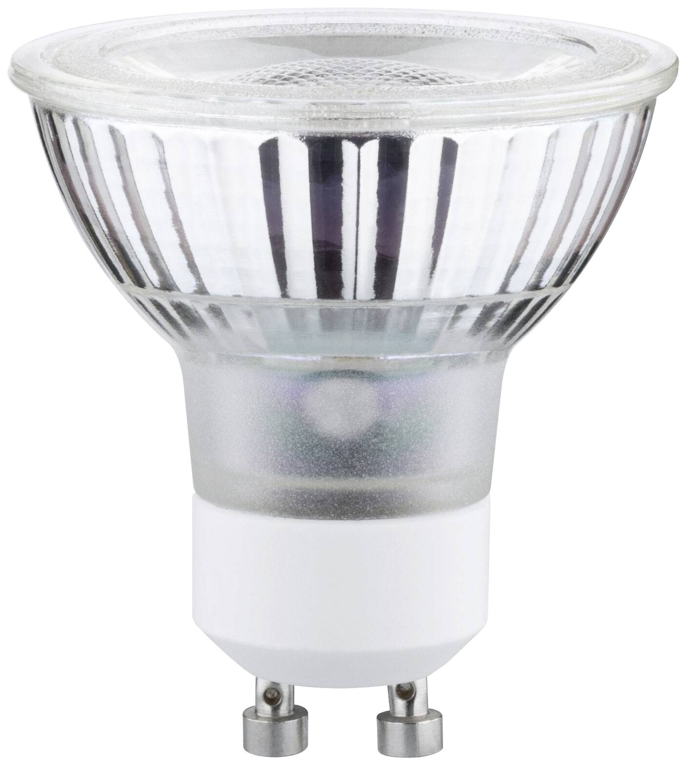 Lampe halogène à spot avec socle GU10, verre transparent et surface réfléchissante.