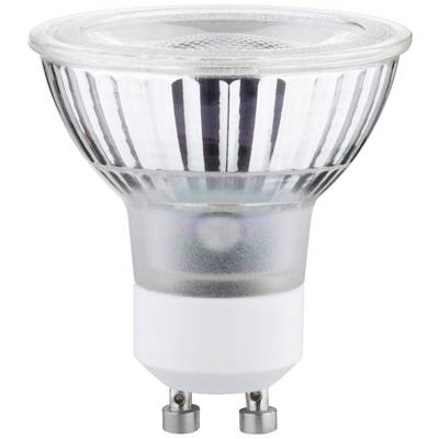 Lampe halogène à spot avec socle GU10, verre transparent et surface réfléchissante.