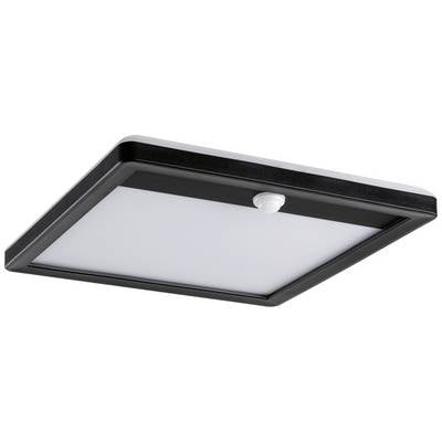 Plafonnier LED carré avec cadre noir et abat-jour blanc, équipé d'un détecteur de mouvement central.