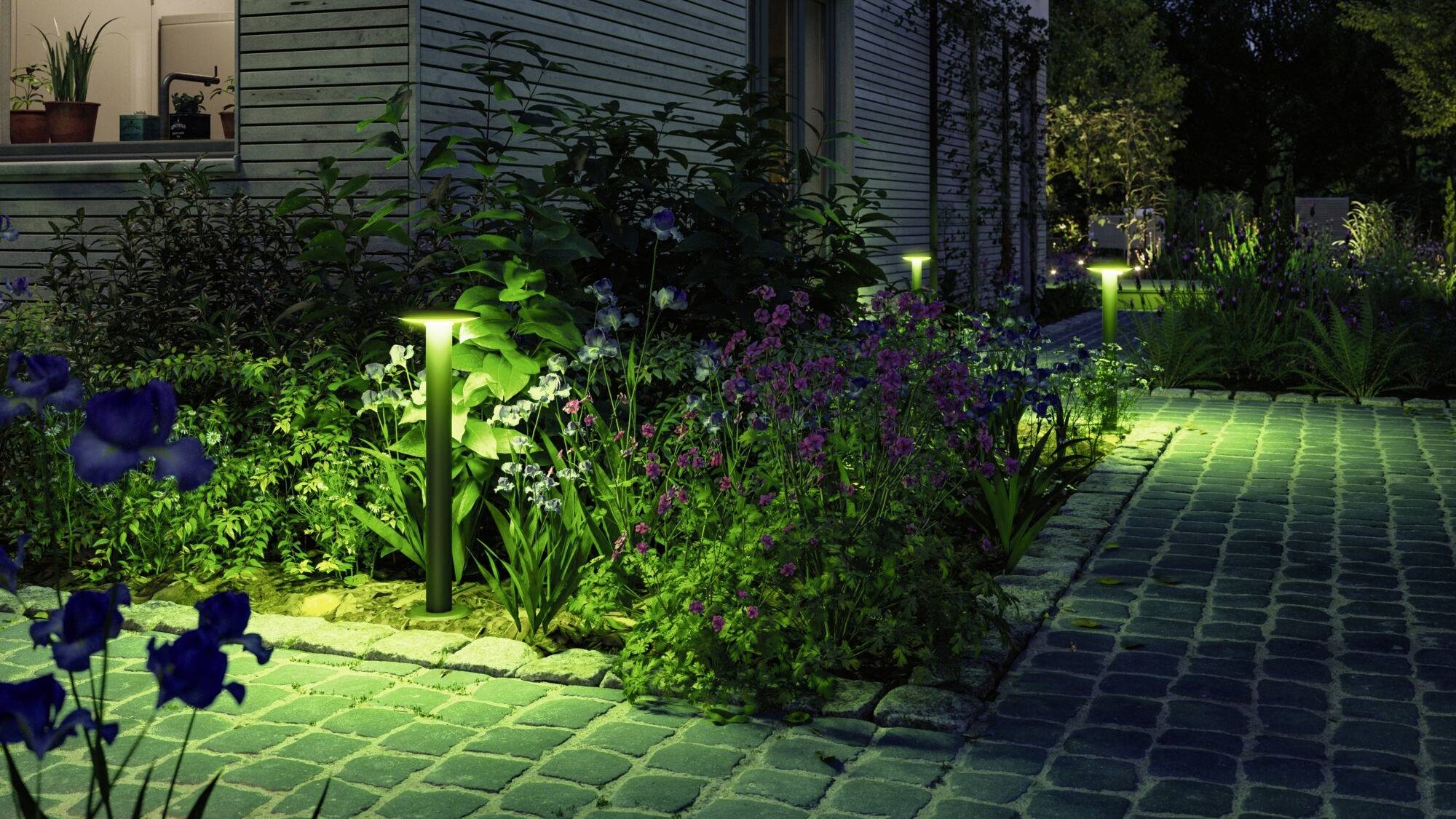 Allée de jardin éclairée la nuit par de petites lampes modernes ; entourée de plantes en fleurs à côté d'une maison en bois en arrière-plan.