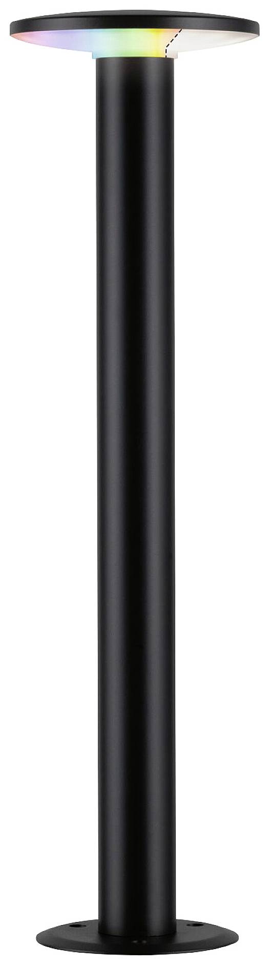Lampadaire noir avec base ronde, diffusant une lumière multicolore en son sommet. Design moderne pour intérieur.