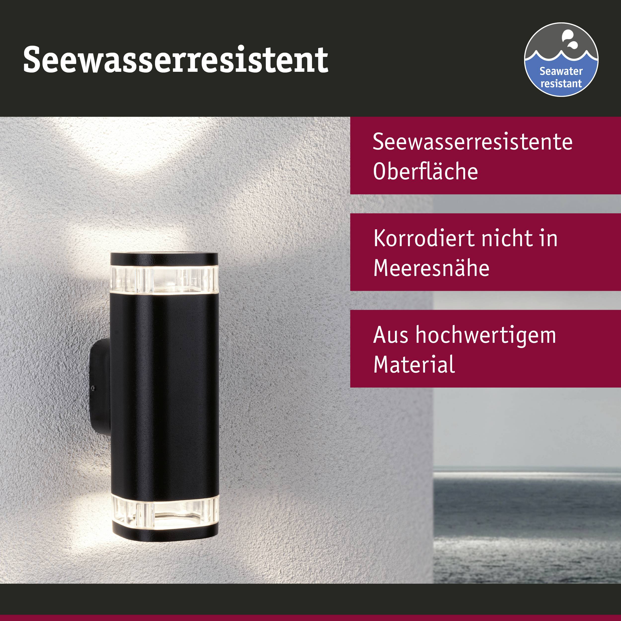 Applique murale au design cylindrique, surface résistante à l'eau de mer, adaptée aux environnements marins, fabriquée en matériau de haute qualité, éclairage directionnel vers le haut et le bas.
