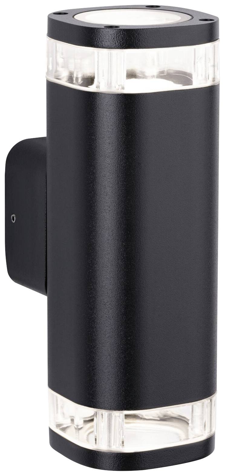 Projecteur cylindrique noir à paroi extérieure avec extrémités transparentes, fixé sur un support noir et émettant de la lumière vers le haut et vers le bas.