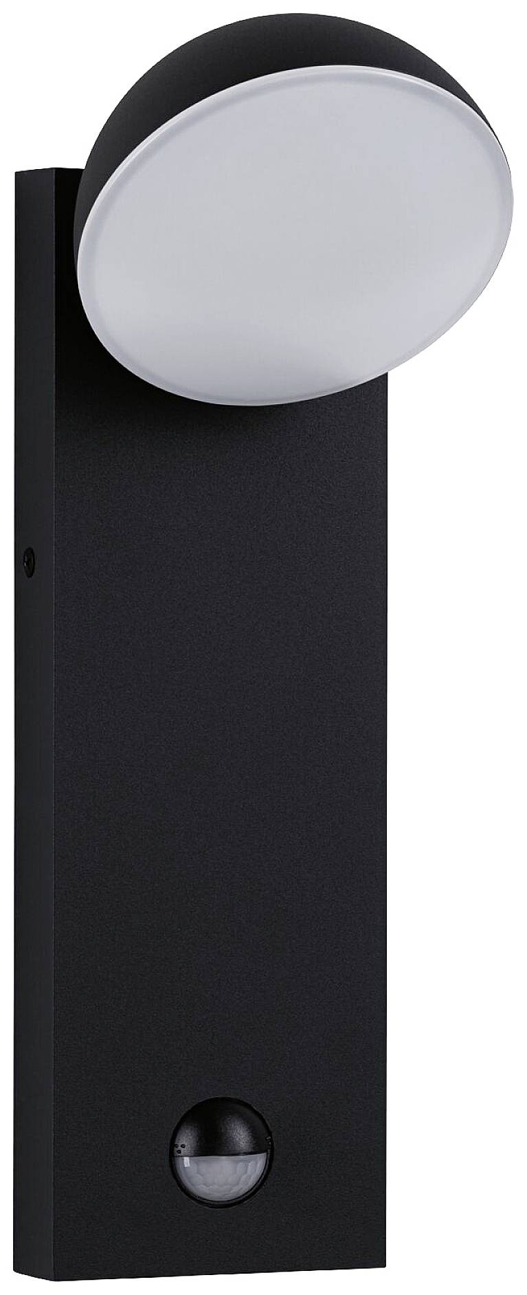 Luminaire extérieur noir rectangulaire avec un corps lumineux blanc et circulaire en partie supérieure et un détecteur de mouvement en partie inférieure. Idéal pour une installation murale.
