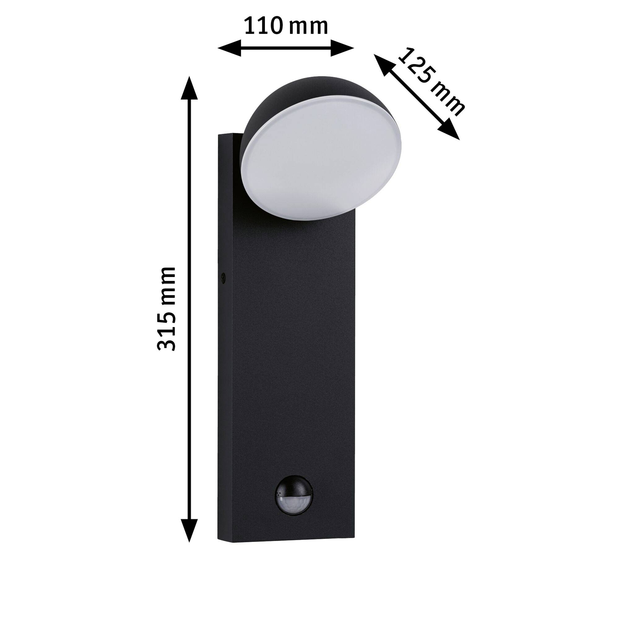 Luminaire extérieur en noir avec lampe ronde blanche en haut ; capteur de mouvement en bas. Dimensions : 315 mm de hauteur, 110 mm de largeur, 125 mm de profondeur.