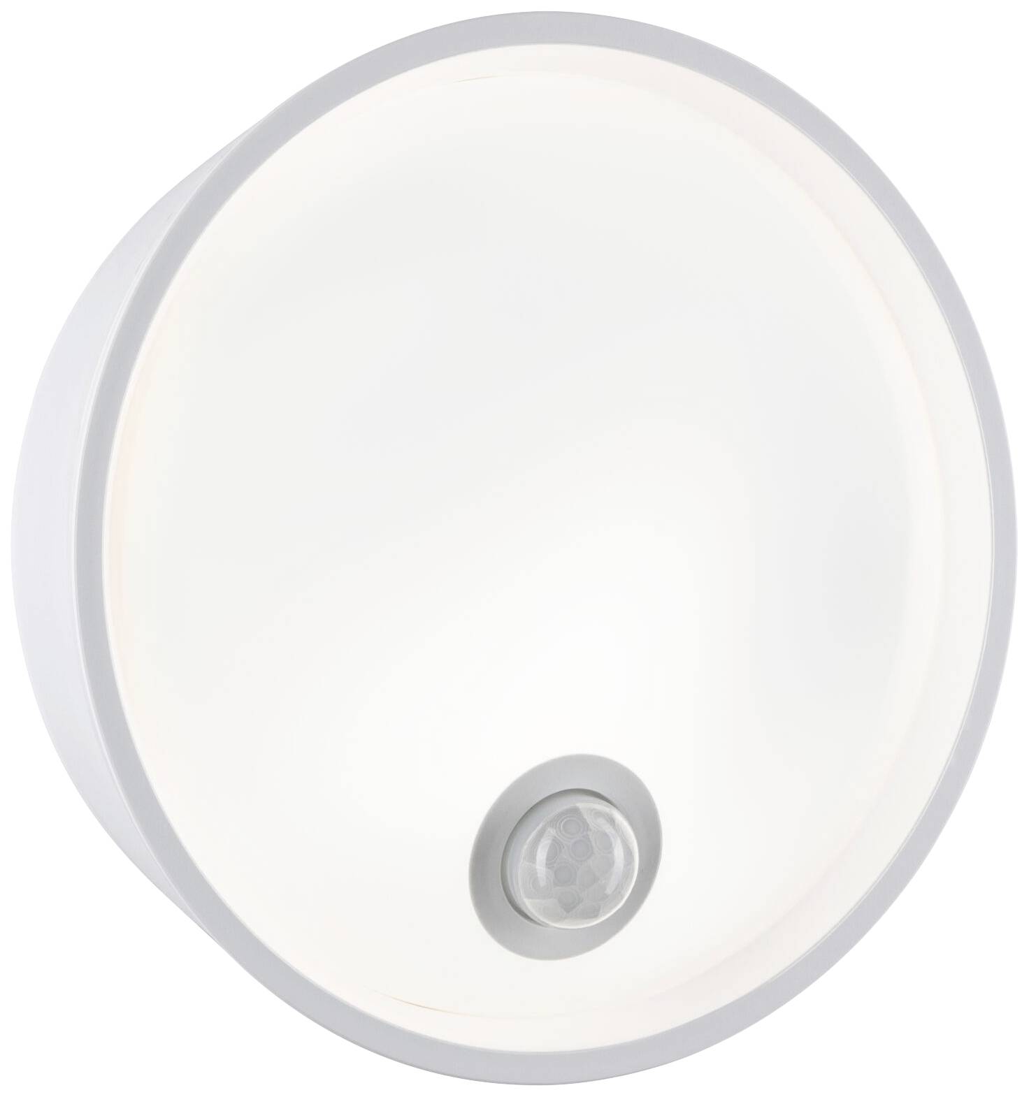 Veilleuse LED ronde blanche avec détecteur de mouvement, idéale pour les couloirs ou les chambres, offrant un éclairage automatique lors de la détection de mouvements.
