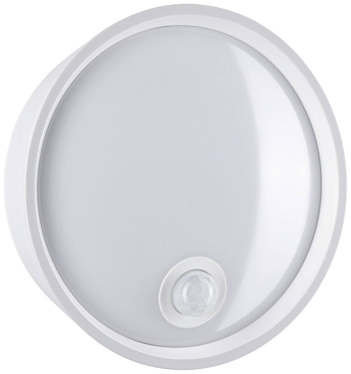 Lampe LED ronde blanche avec détecteur de mouvement intégré. Adaptée à une installation murale ou plafonnière, idéale pour les couloirs ou les entrées.
