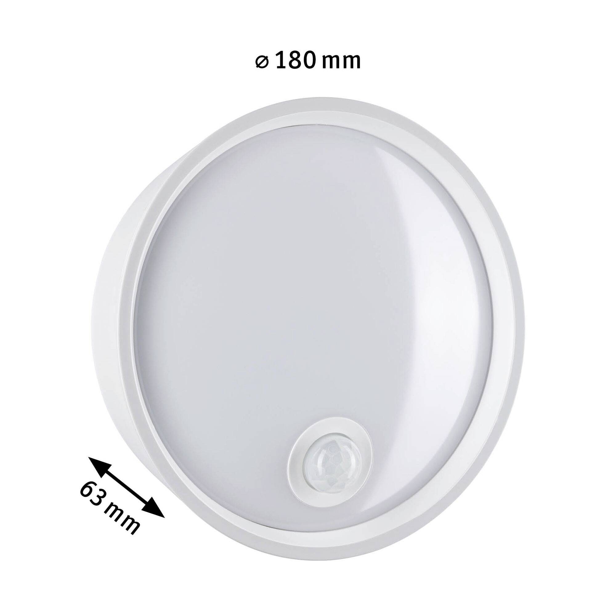Un luminaire LED rond avec un détecteur de mouvement. Diamètre 180 mm, hauteur 63 mm. Adapté pour une installation murale ou plafonnière.