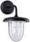 Lampe murale extérieure noire avec bras courbé et abat-jour transparent.