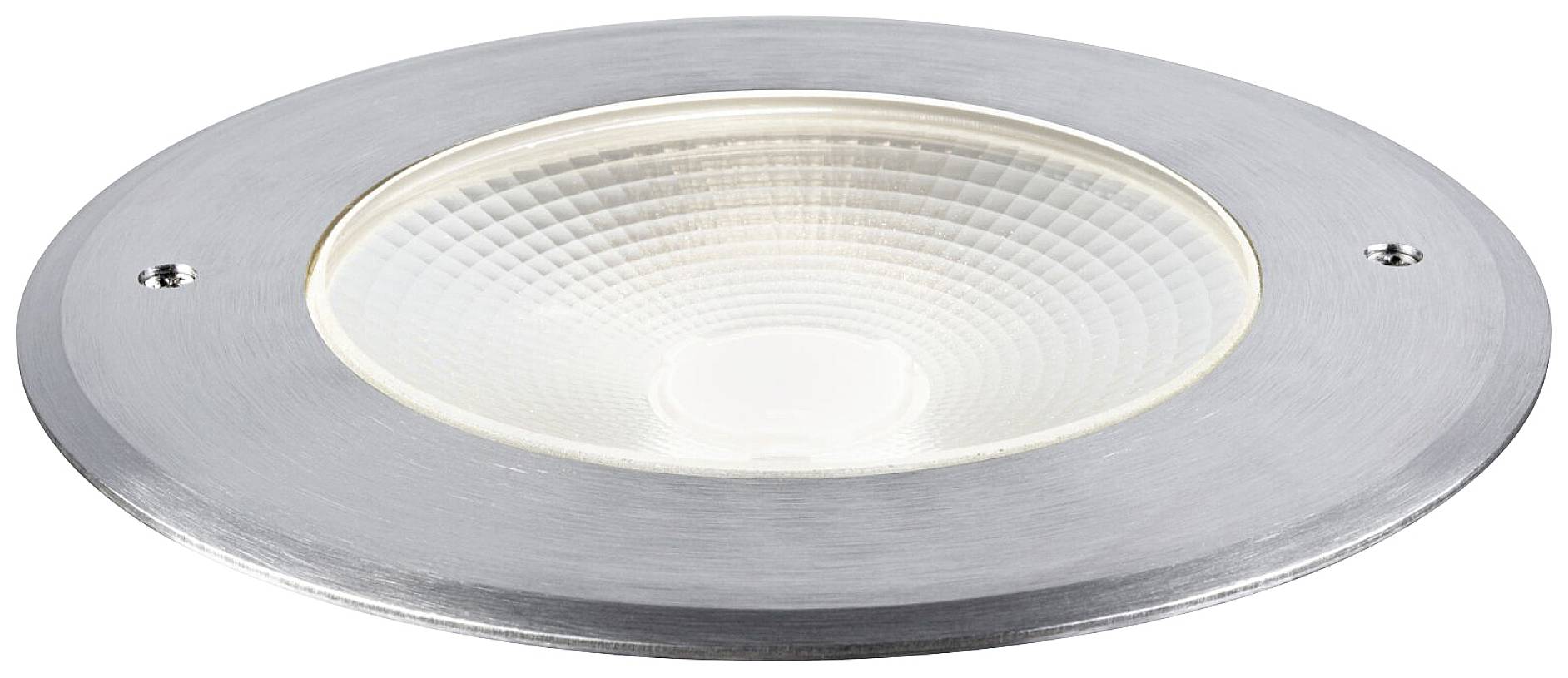 Un luminaire encastré de sol rond en argent avec du verre structuré au centre, adapté à l'éclairage extérieur.